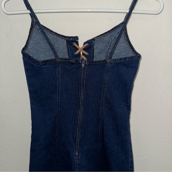 Helium Y2K vintage lace-up stretchy dark denim jean short mini dress front slit - Picture 6 of 11